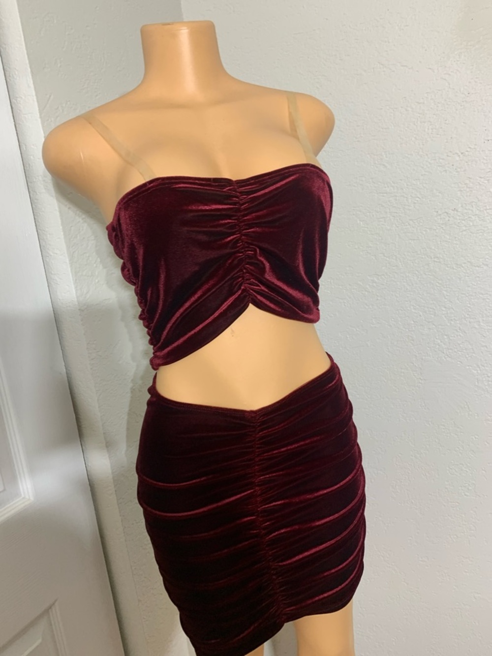 Velvet Ruched Burgundy Two-Piece Set - Picture 3 of 8